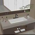 Modern Bathroom Vanity Cabinet With White Countertop Faucet Open Storage Towels And Large Wooden Mirror