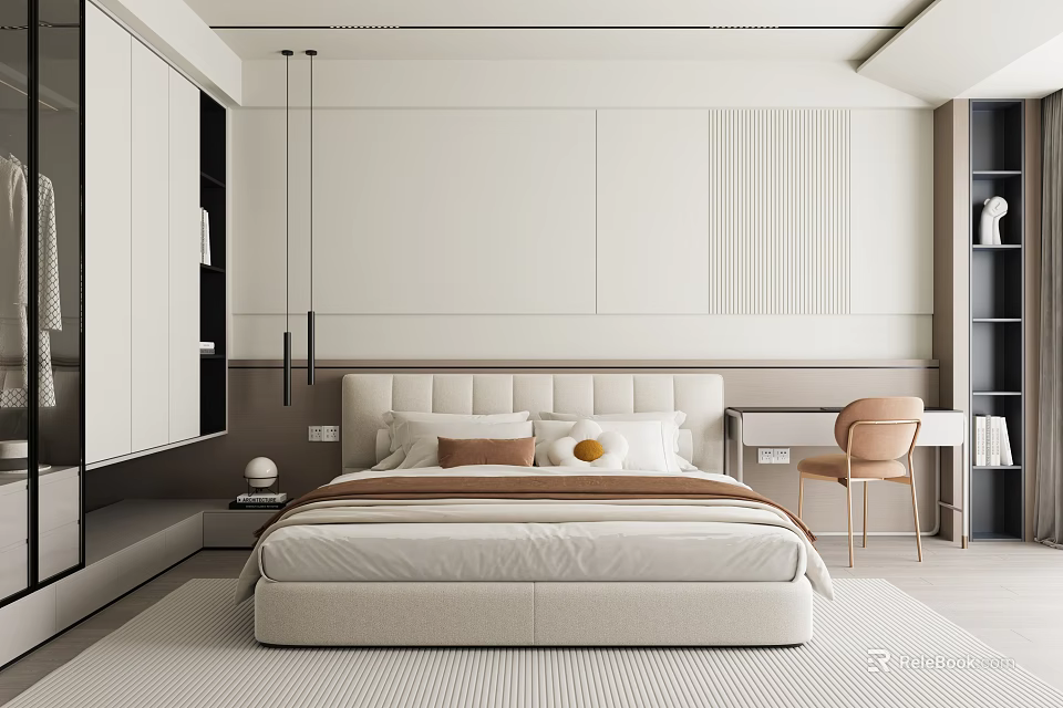 Modern Bedroom Interior Design With Beige Bed Decorative Pillows Nightstand Pendant Lights Desk And Chair 3d model 