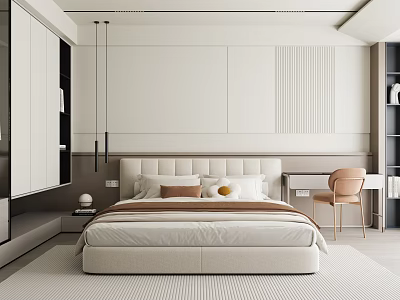 Modern Bedroom Interior Design With Beige Bed Decorative Pillows Nightstand Pendant Lights Desk And Chair 3d model