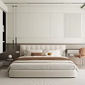 Modern Bedroom Interior Design With Beige Bed Decorative Pillows Nightstand Pendant Lights Desk And Chair