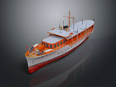 Vintage Orange And White Yacht With Upper Deck Windows Flag And Details 3d model