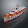 Vintage Orange And White Yacht With Upper Deck Windows Flag And Details