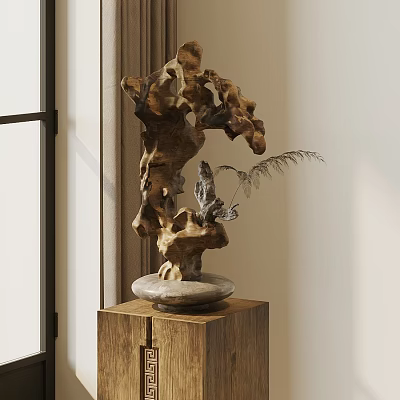 Withered Wood Style Bonsai Plant In Stone Pot On Wooden Base With Slender Branches 3d model