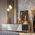 Luxury Modern TV Cabinet With Wood Metal Accents And Decor Items Against Marble Wall