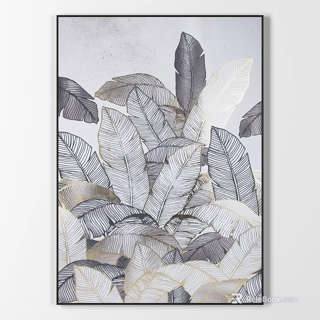 Decorative Wall Frame With Black White Gold Leaf Art Pattern For Home Decor 3d model 