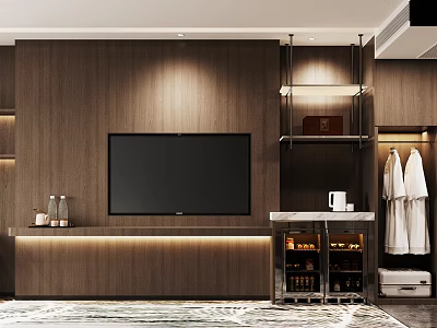 Modern Hotel Guest Room Interior With Wooden Wall Paneling TV Shelves Wardrobe And Wine Cabinet 3d model