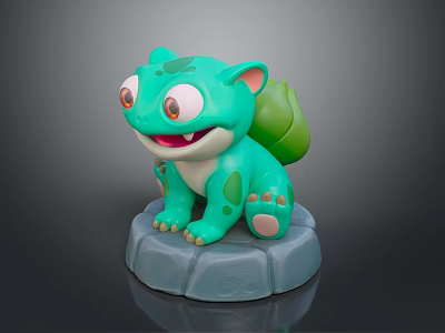 Cute Green Creature Character With Big Eyes Sitting On Gray Stone Base Figurine 3d model
