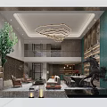 Modern Living and Dining Room Interior With Golden Wave Chandelier White Sofa And Bookshelves