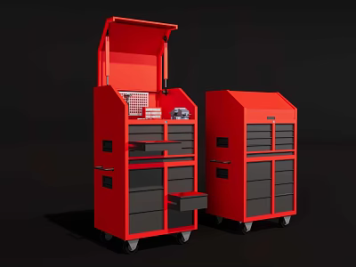 Red Mobile Hardware Tool Cabinets With Drawers Wheels Open Door And Tools Inside 3d model