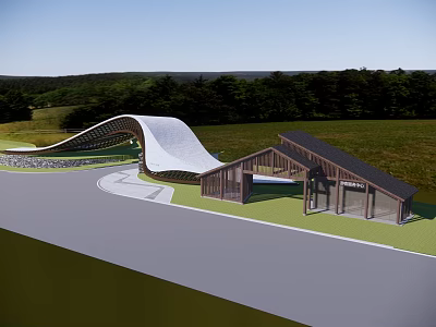 Modern Entrance Gate With Curved White Roof Wooden Structure Green Lawn And Trees 3d model