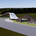 Modern Entrance Gate With Curved White Roof Wooden Structure Green Lawn And Trees