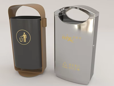 Public Facilities Waste Bins With Trash Sorting Signs In Brown And Silver Colors 3d model