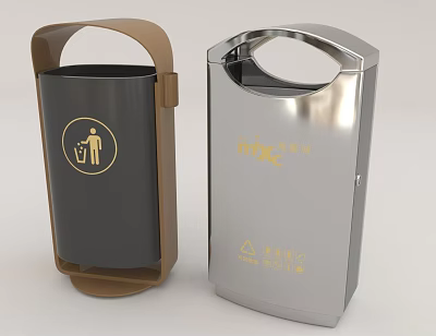 Public Facilities Waste Bins With Trash Sorting Signs In Brown And Silver Colors 3d model