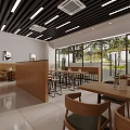 Modern Restaurant Interior Featuring Wooden Tables High Stools Menu Posters And Ceiling Light Strips