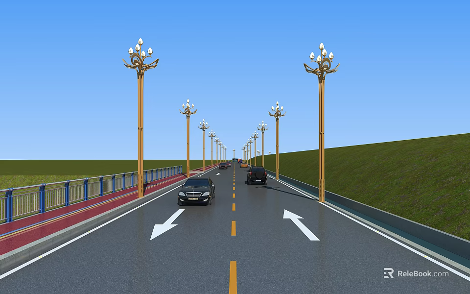 Well Designed Road Infrastructure With Ornamental Street Lamps Two Way Lanes And Green Slopes 3d model 