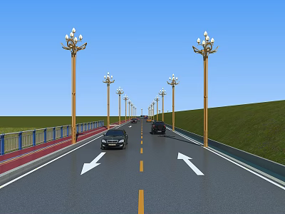 Well Designed Road Infrastructure With Ornamental Street Lamps Two Way Lanes And Green Slopes 3d model