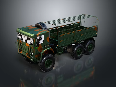 Green Camouflage Military Truck With Open Cargo Bed Metal Rack And Spare Tire 3d model