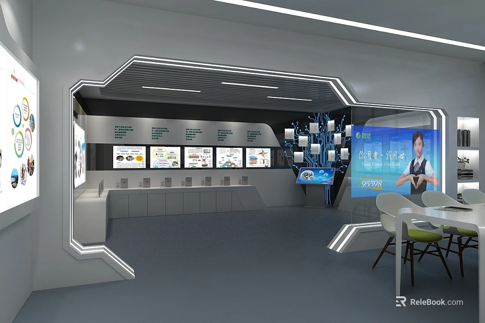Modern Tech Public Office Space With Display Screens Tables Chairs Cabinets And LED Lights 3d model 