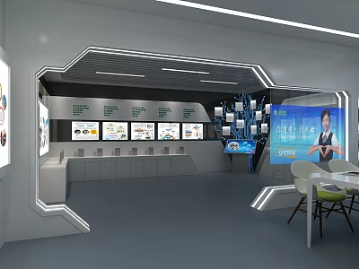 Modern Tech Public Office Space With Display Screens Tables Chairs Cabinets And LED Lights 3d model