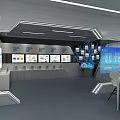 Modern Tech Public Office Space With Display Screens Tables Chairs Cabinets And LED Lights