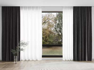Black And White Curtains With Sheer Panels Framing Window And Natural Tree View 3d model
