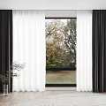 Black And White Curtains With Sheer Panels Framing Window And Natural Tree View
