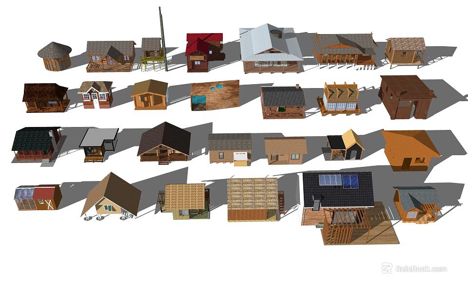 Various Wooden Houses With Different Roof Styles And Traditional Designs 3d model 