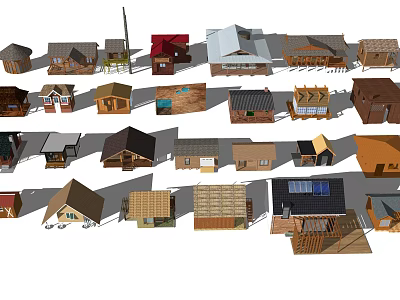 Various Wooden Houses With Different Roof Styles And Traditional Designs 3d model
