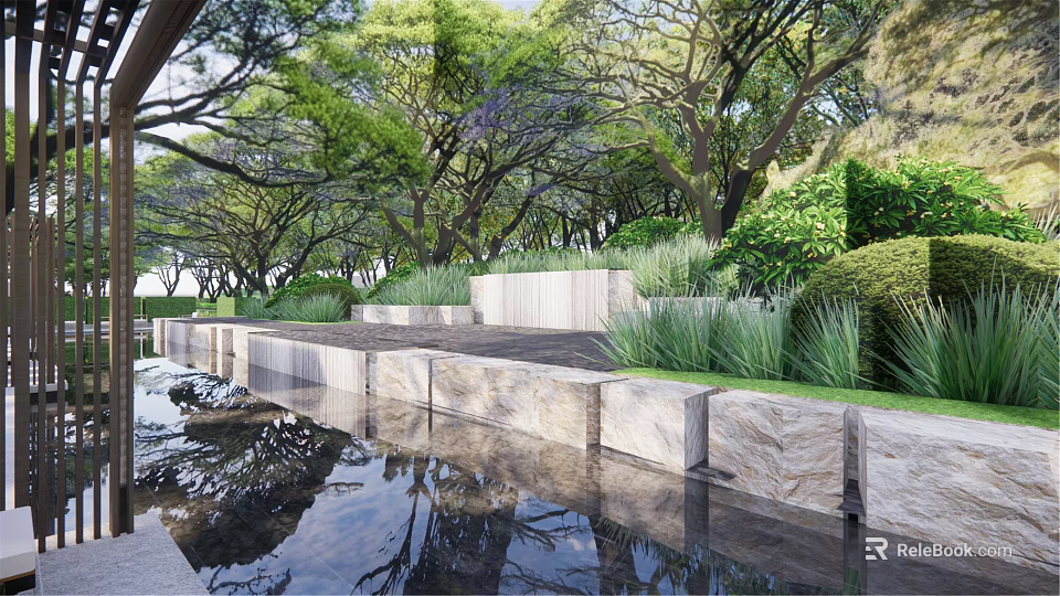 Residential Landscape Design With Lush Trees Serene Water Reflection And Stone Walls 3d model 