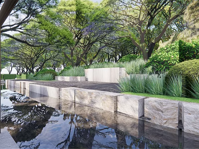 Residential Landscape Design With Lush Trees Serene Water Reflection And Stone Walls 3d model