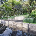 Residential Landscape Design With Lush Trees Serene Water Reflection And Stone Walls
