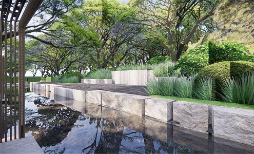 Modern Garden Landscape Linear Residential Quarter Axis Node Pavilion Stacked Water Landscape Simple Space 3d model