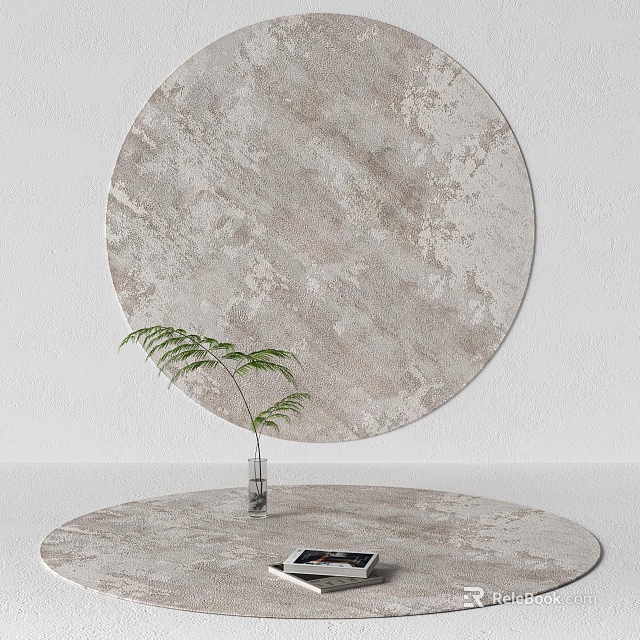 Round Light Gray Textured Rug with Green Fern in Vase on Table and Black Book 3d model 