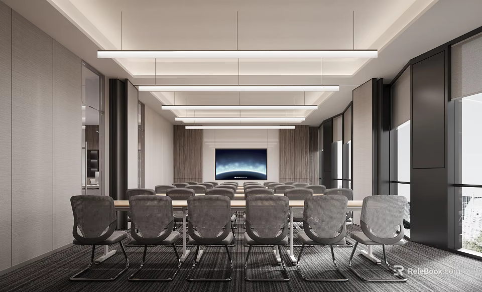 Modern Conference Room Interior With Long Table Multiple Chairs Large Screen Modern Lighting And Wooden Wall 3d model 