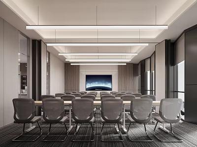 Modern Conference Room Interior With Long Table Multiple Chairs Large Screen Modern Lighting And Wooden Wall 3d model