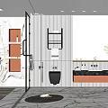 Modern Bathroom Interior With Marble Wall Glass Shower Metal Shelf And Wooden Vanity