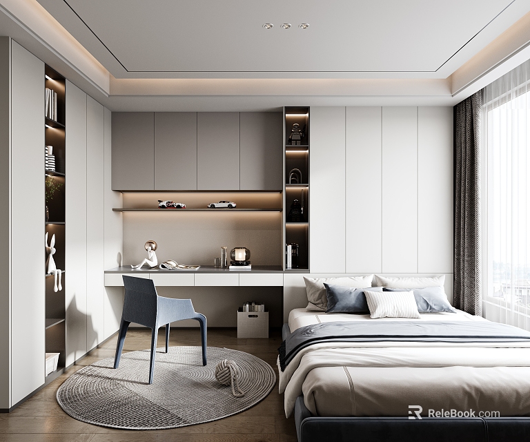 Modern Tatami Bedroom Interior With Tatami Bed Desk Chair And Bookshelves 3d model 