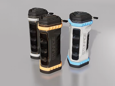Three STUNRE Industrial Equipment in Black Orange Blue with Rugged Cylindrical Design 3d model
