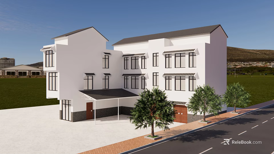 Modern White Building Exterior With Multiple Windows Trees And Roadside Landscape 3d model 
