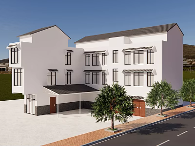 Modern White Building Exterior With Multiple Windows Trees And Roadside Landscape 3d model