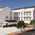 Modern White Building Exterior With Multiple Windows Trees And Roadside Landscape