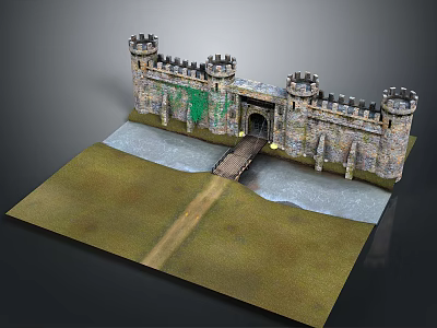 Medieval Castle Scenery with Stone Walls Towers Drawbridge Water and Green Grassland 3d model