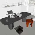 Modern Black Desk With Laptop Open Book Cup Black Chair Red Stool And Window