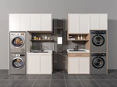 Modern Laundry Room Interior Design With Washing Machines Cabinets And Sink 3d model