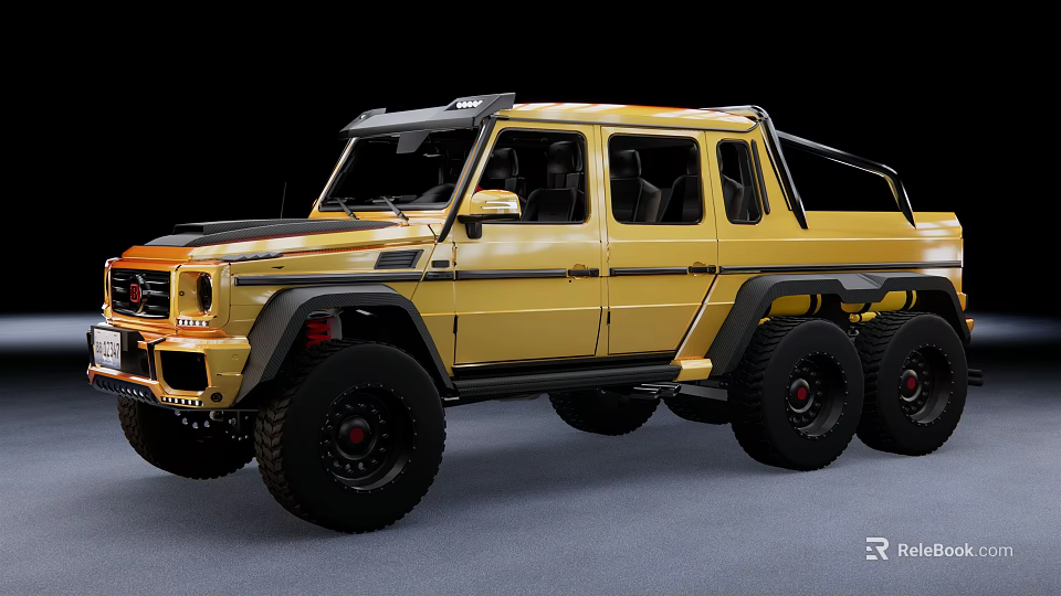 Yellow Off Road Car With Six Wheels Black Roof Rack And Red Brake Calipers 3d model 
