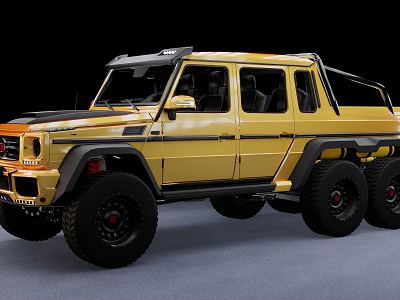 Yellow Off Road Car With Six Wheels Black Roof Rack And Red Brake Calipers 3d model