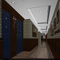 Cozy Restaurant Long Corridor With Red Brick Walls Checkerboard Tile And Wooden Ceiling