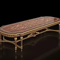 Elegant Classic Oval Dining Table With Dark Brown Carved Inlay And Gold Accents