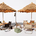 Cafe Outdoor Table and Chair Camping Style Folding Table and Chair Thatch Umbrella 3d model