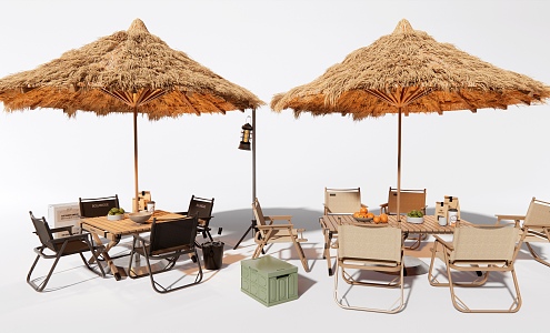 Cafe Outdoor Table and Chair Camping Style Folding Table and Chair Thatch Umbrella 3d model